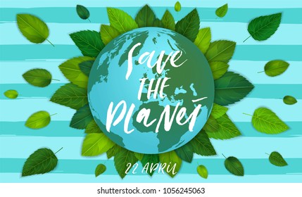 Ecology theme Happy Earth Day flyer template with lettering. Bright fresh green leaves concept. Poster, card, label, banner design. Bright and stylish geometrical background. Vector illustration EPS10