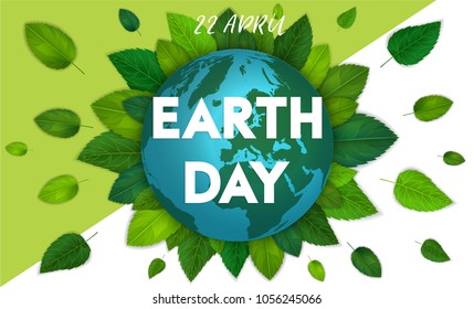 Ecology theme Happy Earth Day flyer template with lettering. Bright fresh green leaves concept. Poster, card, label, banner design. Bright and stylish geometrical background. Vector illustration EPS10