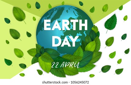 Ecology theme Happy Earth Day flyer template with lettering. Bright fresh green leaves concept. Poster, card, label, banner design. Bright and stylish geometrical background. Vector illustration EPS10