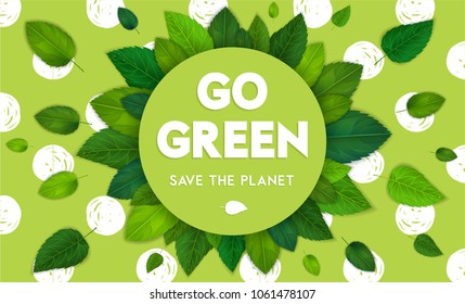 Ecology theme Happy Earth Day flyer template with lettering. Bright fresh green leaves concept. Poster, card, label, banner design. Bright and stylish geometrical background. Vector illustration EPS10