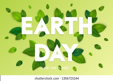 Ecology theme Happy Earth Day flyer template with lettering. Bright fresh green leaves concept. Poster, card, label, banner design. Bright and stylish geometrical background. Vector illustration EPS10