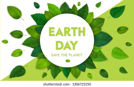 Ecology theme Happy Earth Day flyer template with lettering. Bright fresh green leaves concept. Poster, card, label, banner design. Bright and stylish geometrical background. Vector illustration EPS10