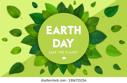 Ecology theme Happy Earth Day flyer template with lettering. Bright fresh green leaves concept. Poster, card, label, banner design. Bright and stylish geometrical background. Vector illustration EPS10