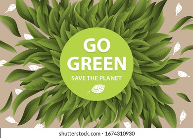 Ecology theme Happy Earth Day banner with lettering. Bright fresh green leaves concept. Poster, card, label, template design. Vector illustration