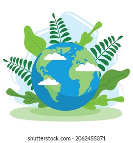 Ecology theme Happy Earth Day flyer template. Bright fresh green leaves concept. Poster, card, label, banner design.