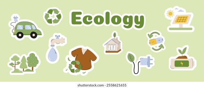 Ecology themed graphic showcasing sustainable practices and renewable energy sources