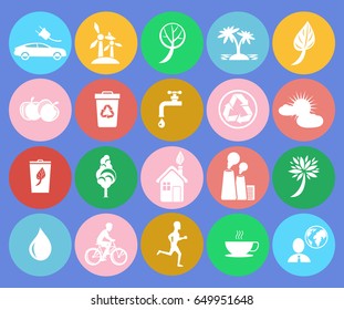 Ecology themed icons with vector illustrations of clean air maintaining, saving water, stop pollution, recycling, plant trees, keep healthy lifestyle.