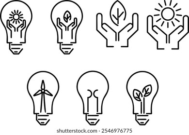 Ecology themed outline elements and retro light bulb icon set. Icons for renewable energy, green technology. Hands, light bulb, leaf, solar energy and wind turbine. 