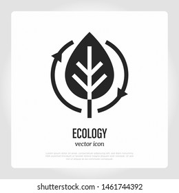 Ecology thin line icon: leaf in arrows. Organic logo. Vector illustration.