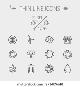 Ecology thin line icon set for web and mobile. Set includes- recycle, sun, water drop, garbage bin, windmill, leaves, global icons. Modern minimalistic flat design. Vector dark grey icon on light grey