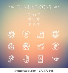 Ecology thin line icon set for web and mobile. Set includes -Palm, global, flower, propeller, atom, plug, arrow icons. Modern minimalistic flat design. Vector white icon on gradient mesh background.