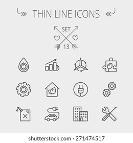 Ecology Thin Line Icon Set For Web And Mobile. Set Includes- Gear Wheel, Gas Pump, Leafs, Tools, Plug, Building, Electric Car Icons. Modern Minimalistic Flat Design. Vector Dark Grey Icon On Light