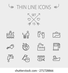Ecology thin line icon set for web and mobile. Set includes-gasoline pump, fish, ship, garbage bin,watering can, faucet, global icons. Modern minimalistic flat design. Vector dark grey icon on light