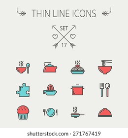 Ecology thin line icon set for web and mobile. Set includes- cupcakes, spoon and fork, plate, kettle, casserole, hot meal, frying pan icons. Modern minimalistic flat design. Vector icon with dark grey