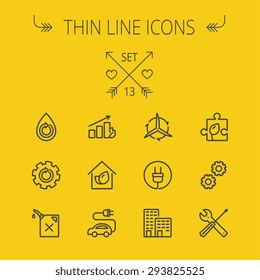 Ecology thin line icon set for web and mobile. Set includes- gear wheel, gas pump, leafs, tools, plug, building, electric car icons. Modern minimalistic flat design. Vector dark grey icon on yellow