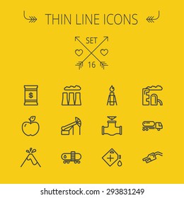 Ecología de línea delgada conjunto de iconos para web y móvil. El conjunto incluye: tanque de gas, camión, boquilla, contenedor, tubería, válvula, volcán, vela, fábrica, iconos de manzanas. Moderno diseño minimalista plano. Vector gris oscuro