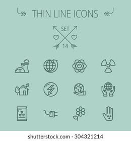 Ecology thin line icon set for web and mobile. Set includes - Global, flower, nuclear, atom, plug, plant icons. Modern minimalistic flat design. Vector dark grey icon on grey background.