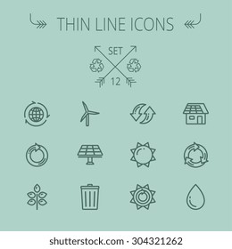 Ecology thin line icon set for web and mobile. Set includes- recycle, sun, water drop, garbage bin, windmill, leaves, global, solar panel icons. Modern minimalistic flat design. Vector dark grey icon