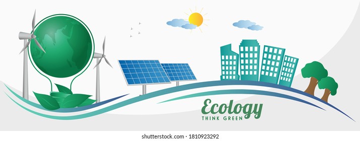 Ökologie denkt an umweltfreundliches Konzept, das auf dem Konzept basiert und mit Light Bulb Form Eco Earth Globe, Solarzellen, Windmühlen, Gebäuden und Sonnenschein auf weißem Hintergrund ausgestattet ist.