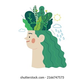 Ecology - Think green -Modern flat vector concept illustration of a young woman's head planted with trees and flowers, a metaphor of sustainable thinking. Creative landing web page illustartion