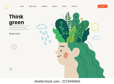 Ecology - Think green -Modern flat vector concept illustration of a young woman's head planted with trees and flowers, a metaphor of sustainable thinking. Creative landing web page template