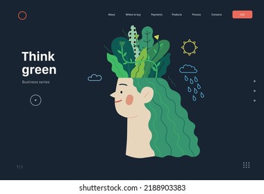 Ecology - Think green -Modern flat vector concept illustration of a young woman's head planted with trees and flowers, a metaphor of sustainable thinking. Creative landing web page template