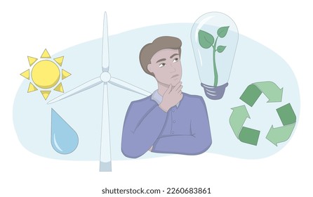 Ecology. Thinking man. Wind mill, waterdrop, clear water, solar energy, sun, light bulb with a sprout inside, green recycle arrows, save the planet, environment. Vector illustration