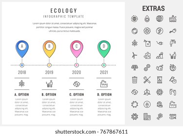 Ecology timeline infographic template, elements and icons. Infograph includes options with years, line icon set with resources of green energy, water and sun power, oil rig, nuclear power plant etc.