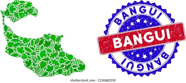 Ecology Tiran Island map collage of floral leaves in green color tones and grunge bicolor Bangui seal stamp. Red and blue bicolored stamp with unclean style and Bangui slogan.