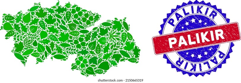 Ecology Toledo Province map mosaic of floral leaves in green color shades and grunge bicolor Palikir seal. Red and blue bicolored watermark with grunge surface and Palikir word.