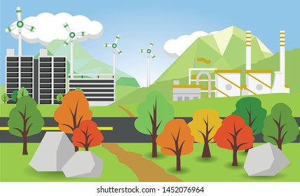 Ecology town with industrial, Renewable energy for living together, Using wind turbine power, With nature forest and mountain.