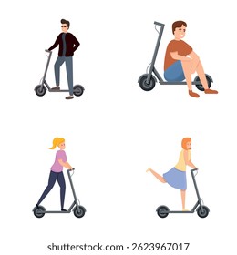 Ecology transport icons set cartoon vector. People riding electric scooter. Urban transportation