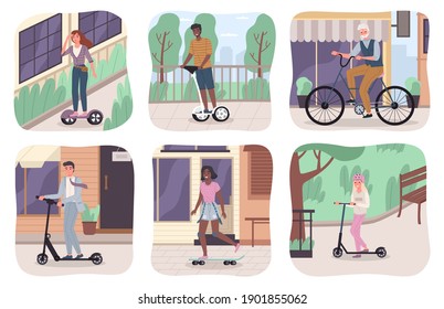 Ecology transport scenes. Different ages people use urban eco vehicles, modern city green electric motion. Characters riding electric scooter, segway and bicycle cityscape scene. Vector cartoon set