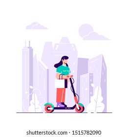 Ecology transport technologies. Young female character riding an electric scooter concept. Urban transportation. Modern millennial lifestyle. Active young adults. Flat style vector illustration 