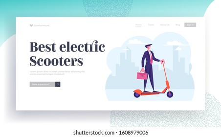 Ecology Transport Website Landing Page. Business Man Holding Briefcase Riding Electric Scooter Hurry at Work. Businessman City Megalopolis Lifestyle Web Page Banner. Cartoon Flat Vector Illustration