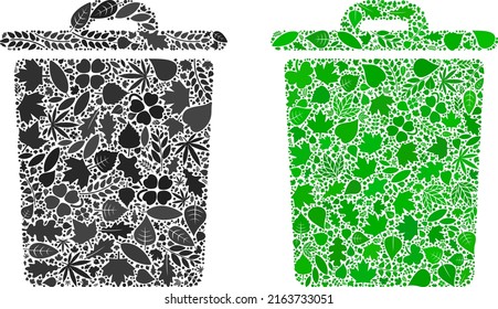 Ecology trash bin icon composition of herbal leaves in green and natural color tinges. Ecological environment vector template for trash bin icon.
