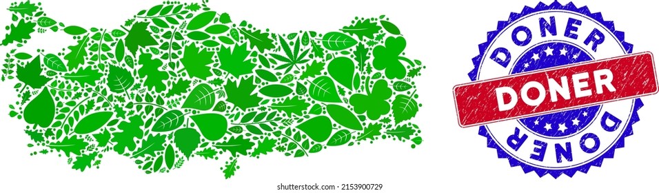 Ecology Turkey map collage of herbal leaves in green color tinges and grunge bicolor Doner stamp. Red and blue bicolored watermark with corroded style and Doner tag.