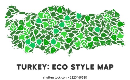 Ecology Turkey map composition of herbal leaves in green color hues. Ecological environment vector concept. Turkey map is done with green herbal elements. Abstract territorial scheme.