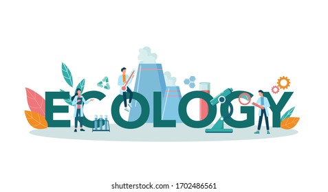 Ecology typographic header concept. Scientist taking care of nature and environment. Air, soil and water protection. Professional ecological activist. Vector illustration