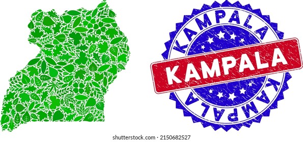 Ecology Uganda map collage of plant leaves in green color shades and grunge bicolor Kampala seal stamp. Red and blue bicolored stamp with scratched style and Kampala tag.