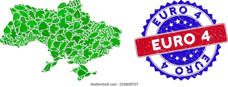 Ecology Ukraine map with Crimea collage of herbal leaves in green color tints and grunge bicolor Euro 4 stamp. Red and blue bicolored stamp with corroded texture and Euro 4 caption.