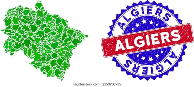 Ecology Uttarakhand State map collage of herbal leaves in green color hues with grunge bicolor Algiers seal. Red and blue bicolored watermark with scratched surface and Algiers tag.