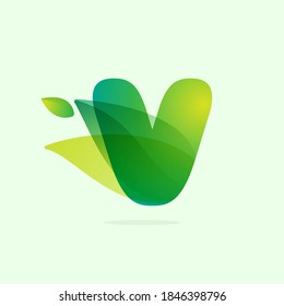 Ecology V letter logo with green leaves. Vector watercolor typeface for agriculture labels, botanical headlines, herbal posters, foliage identity etc.