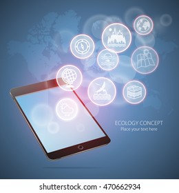 Ecology vector concept. Touchscreen black tablet computer illustration with flying icons