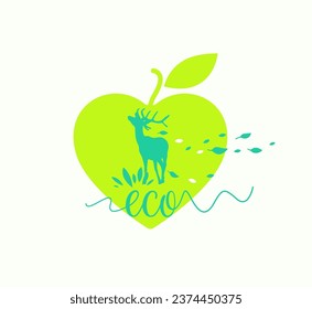 Ecology in vector. Deer in the heart in vector. Heart in the shape of an apple with deer and foliage.