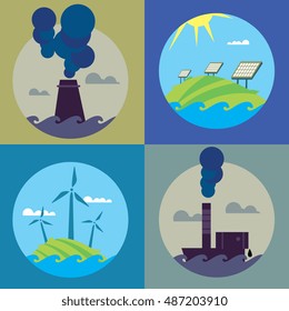 Ecology vector. Eco energy and air pollution set. Solar panel and wind turbine versus Chemical factory with smoke stack. Ecology, environment protection illustration. Traditional vs alternative source