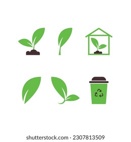 Ecology Vector Flat Icon Set with Leaf and Soil, Recycling Bin, Eco House on White Background. Bio and Organic, Vegan.