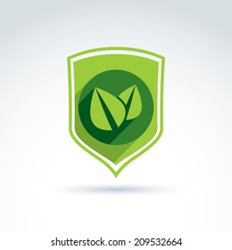 Ecology vector icon for nature and environment conservation theme. Two leaves placed in a green shield, ecology conceptual symbol isolated on white background. 