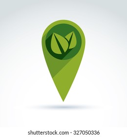 Ecology vector icon for nature and environment conservation theme. Two leaves placed in green circle, ecology conceptual symbol isolated on white background. 