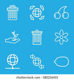 ecology vector icons. Set of 9 ecology outline icons such as flower, Cherry, Lemon, trash bin, qround the globe, globe